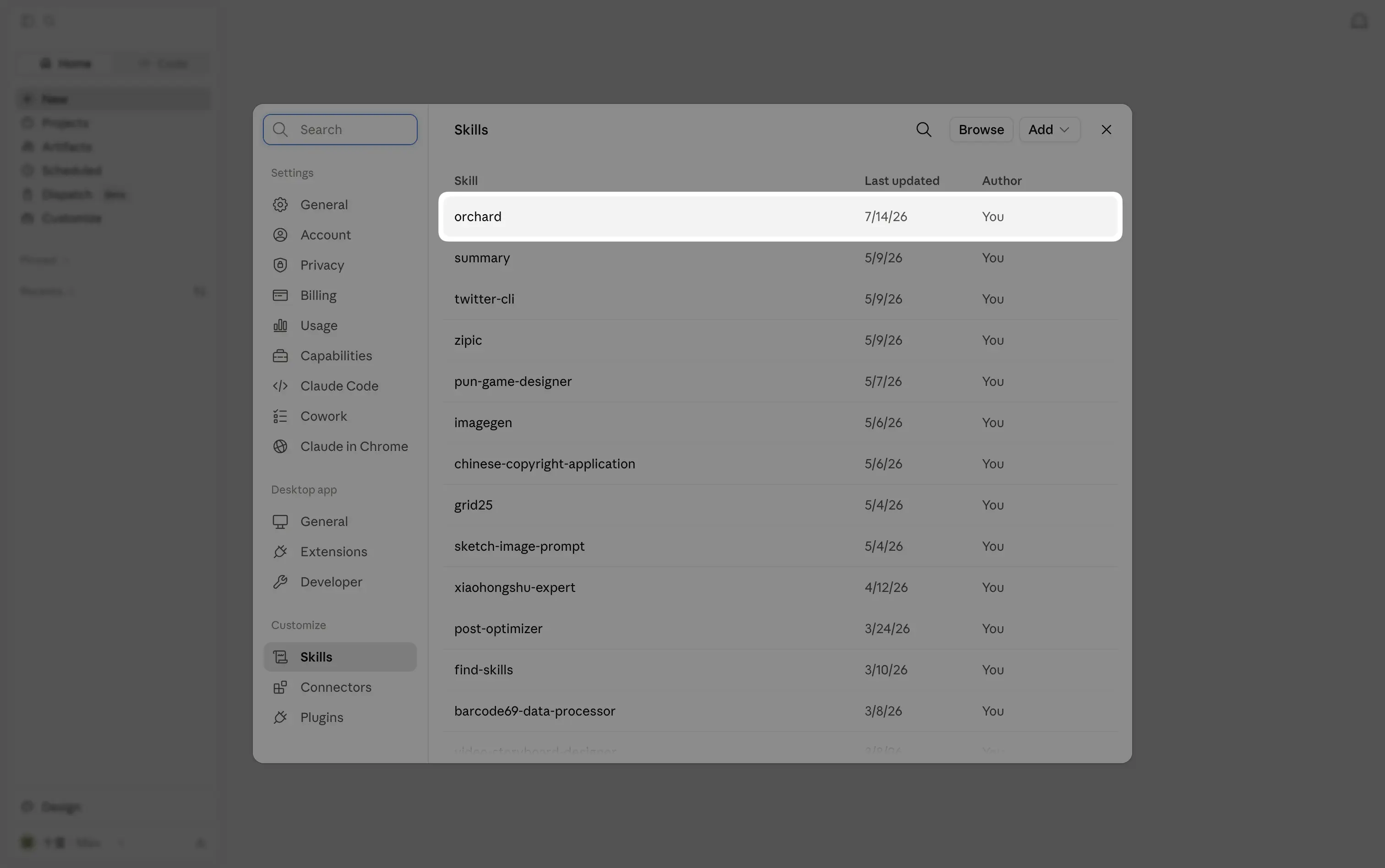 Orchard listed and enabled in Claude Desktop's Skills settings