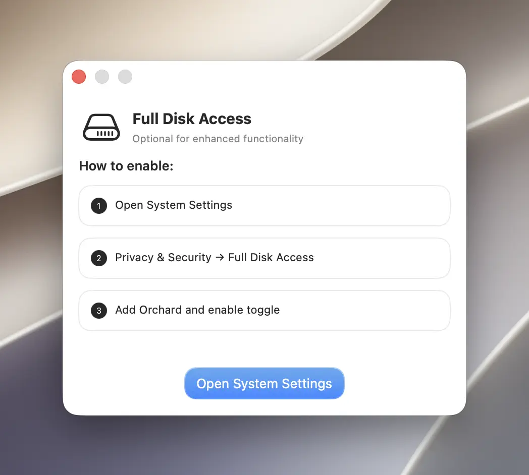 Orchard's Full Disk Access guide window with step-by-step instructions