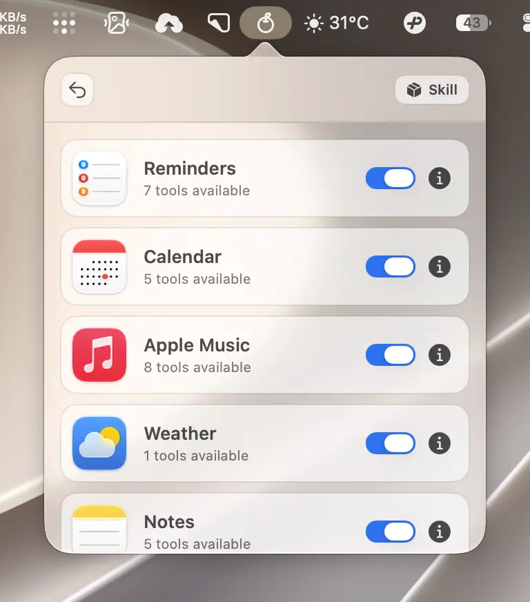 Orchard's integrations list with a toggle switch for each app
