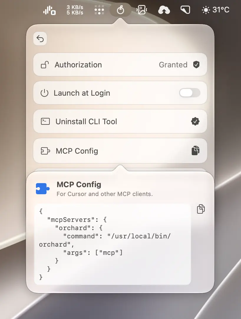 Orchard's MCP Config popover with the JSON snippet and copy button