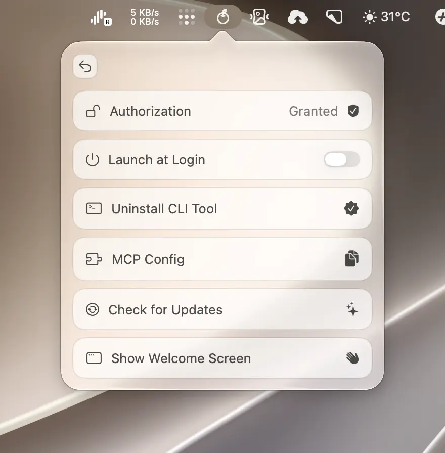 Orchard's More Options page with Launch at Login, CLI, MCP Config, and Check for Updates