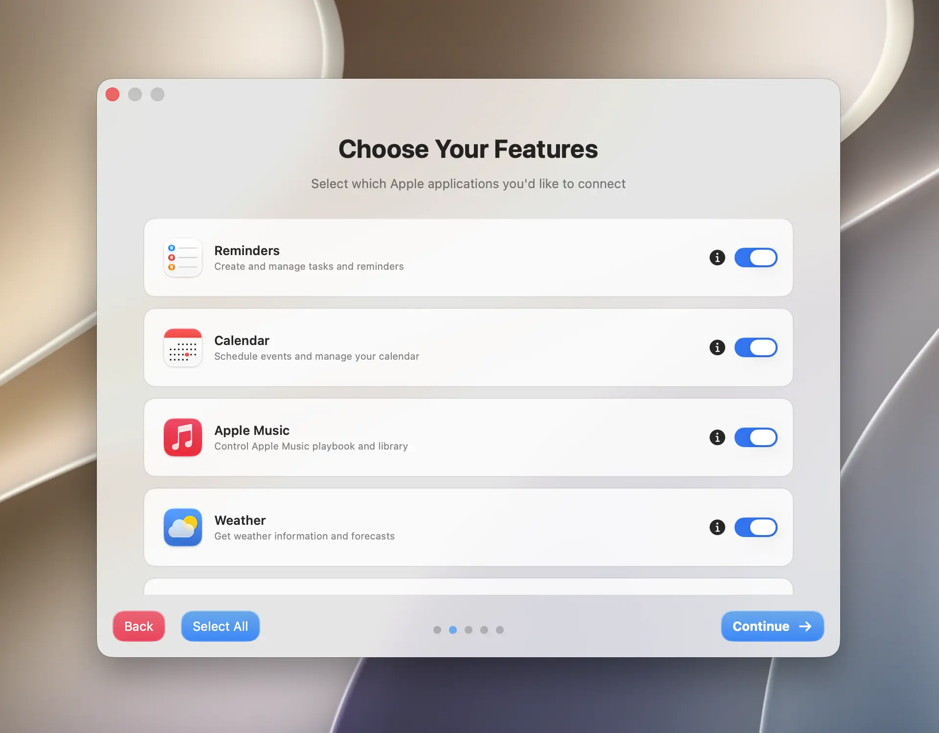 Orchard onboarding Choose Your Features page