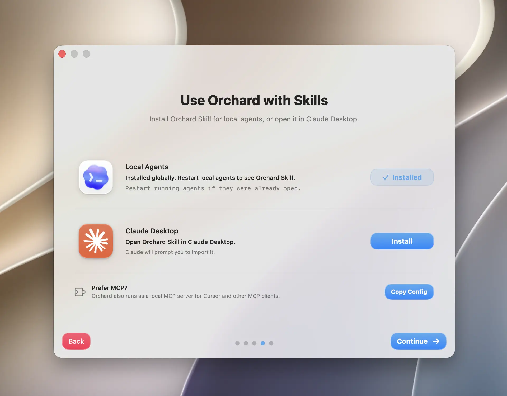 Orchard's Skill setup step showing the legacy MCP config detected banner