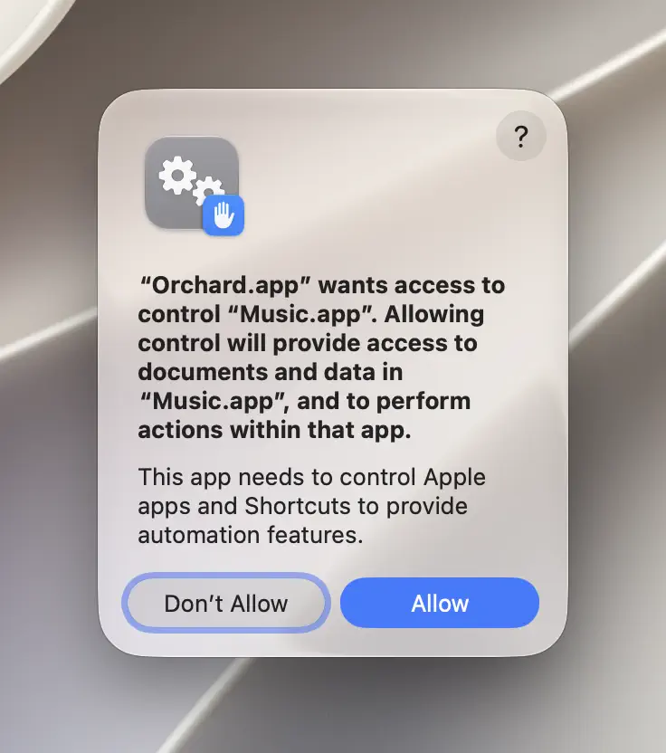 macOS system permission prompt requesting automation access to run a shortcut