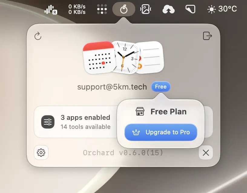 The plan badge popover on a Free account, with an Upgrade to Pro button