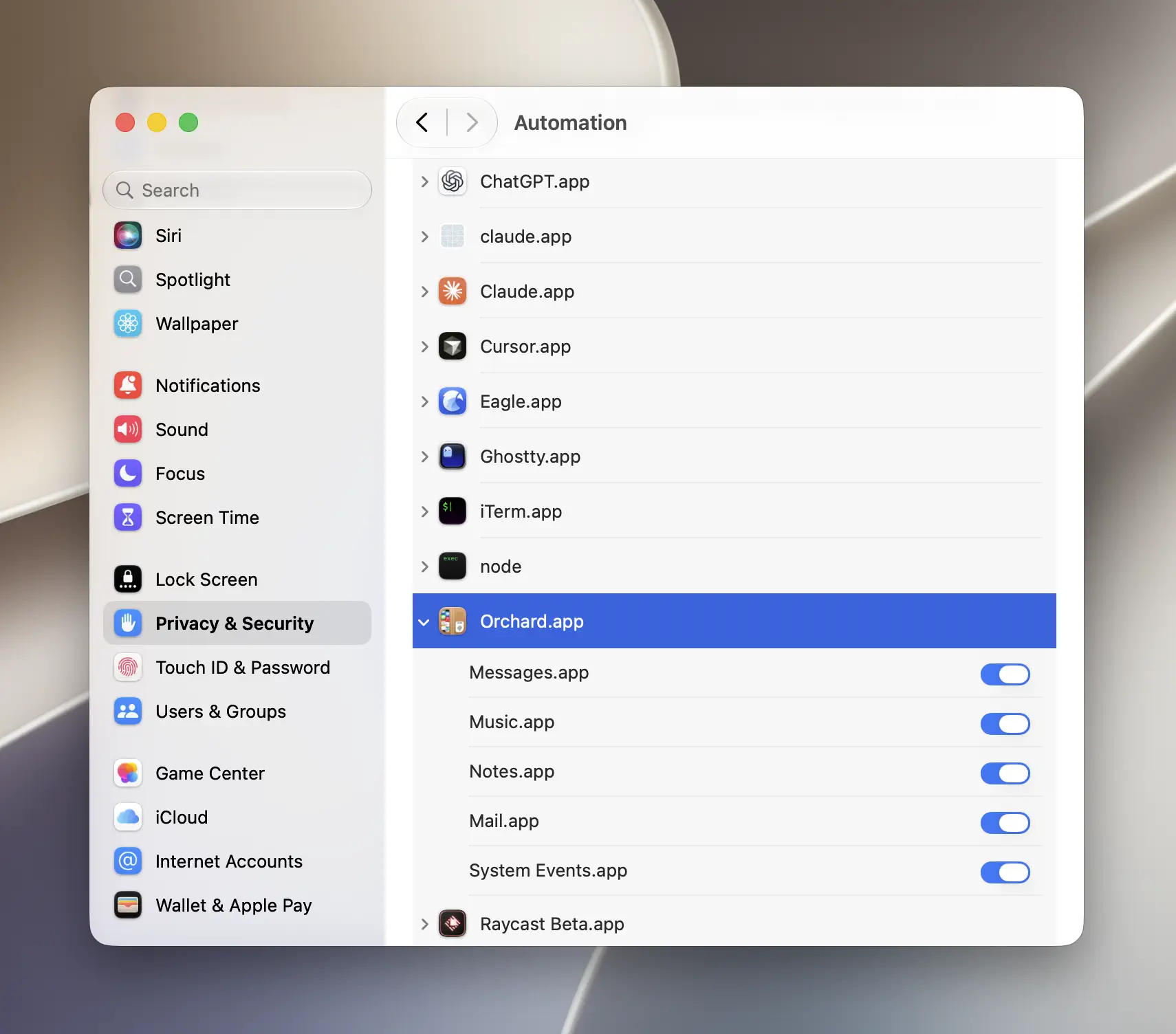 System Settings Automation pane with the Orchard entry expanded