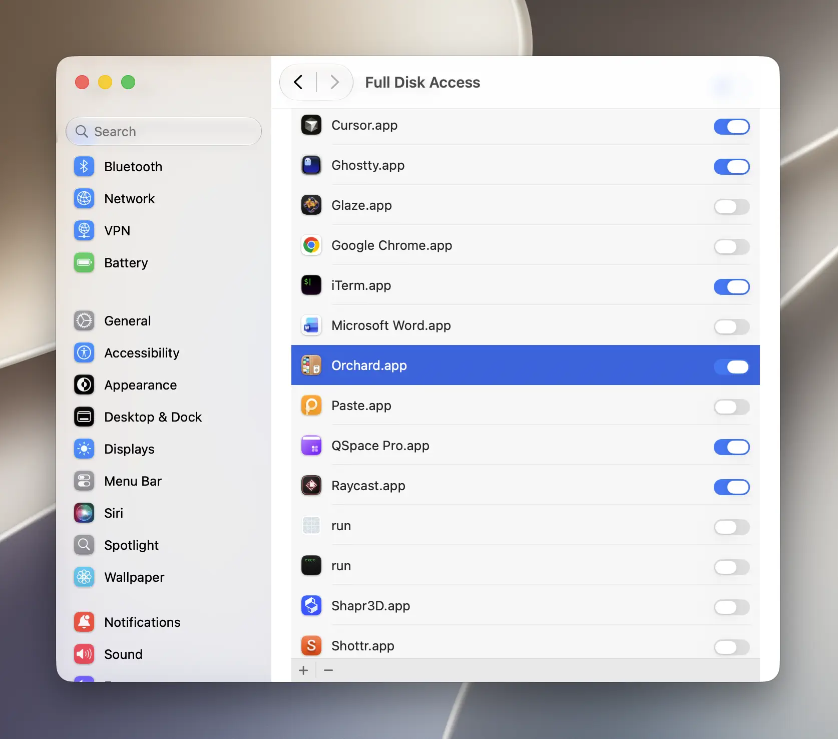 System Settings Full Disk Access pane with Orchard enabled