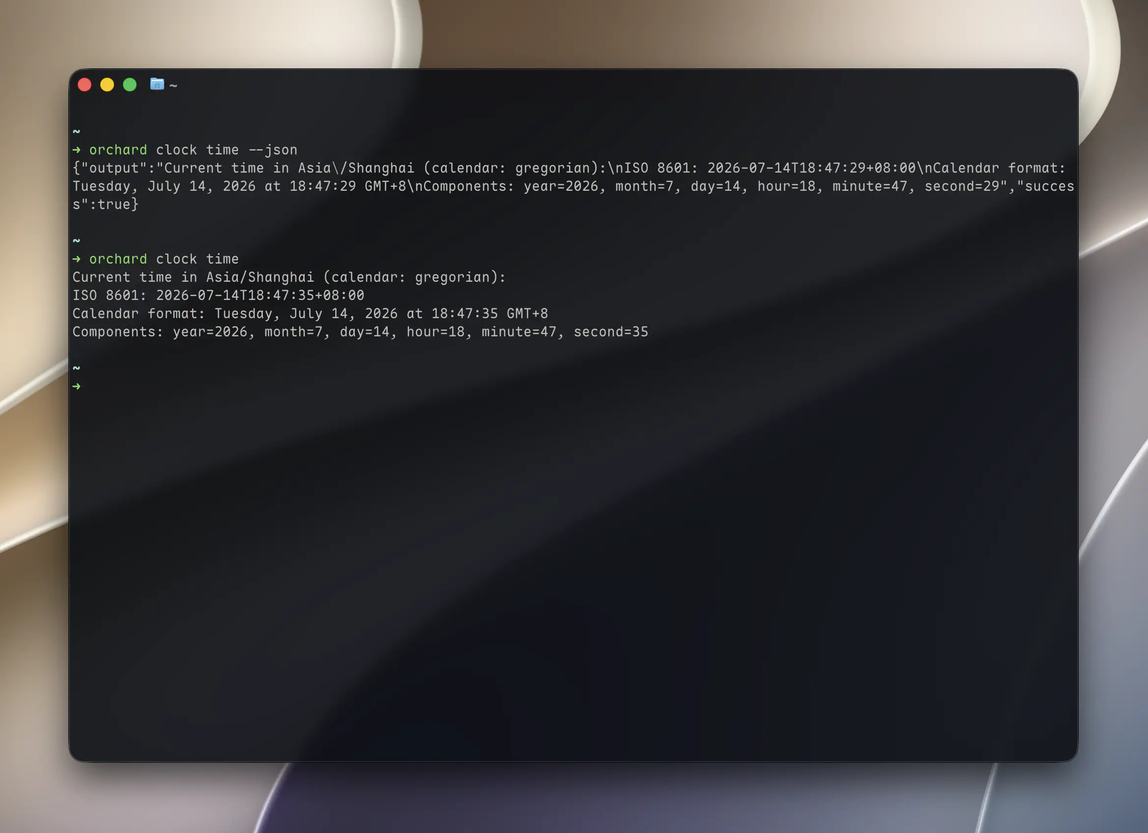 Terminal output of orchard clock time --json showing the output/message/rawOutput structure