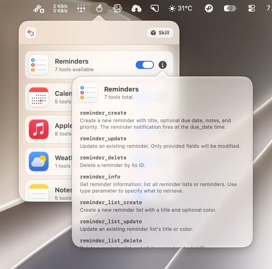 Orchard's tool list popover for the Reminders integration