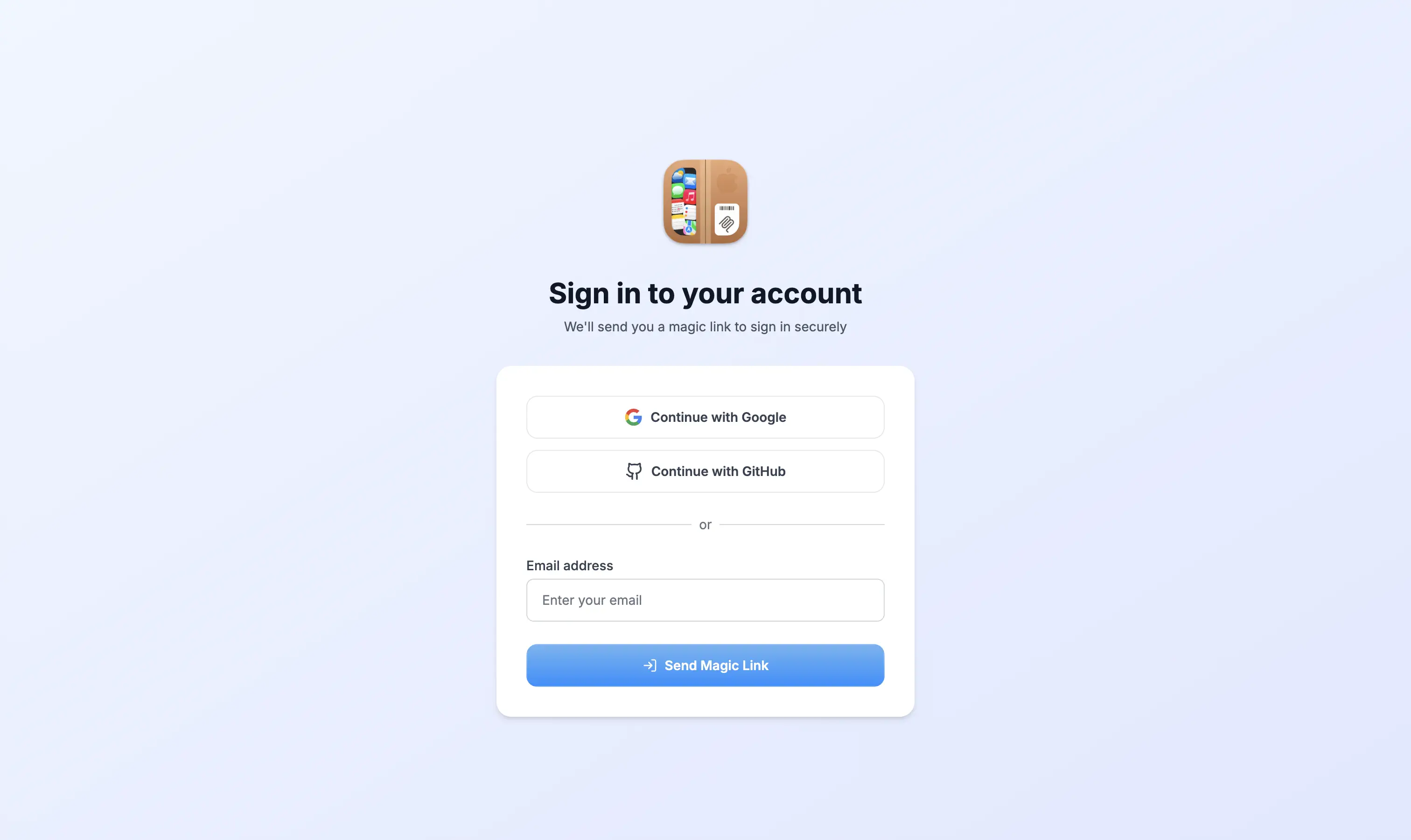Orchard web login page with Google, GitHub, and email options